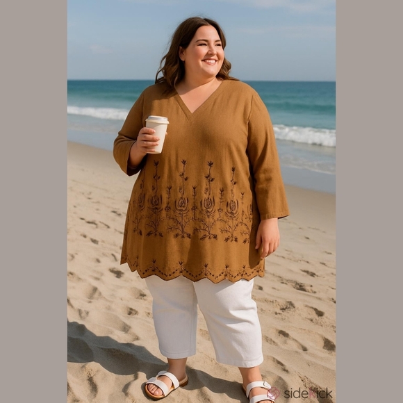 J.L.C. Clay Brown Embroidered Eyelet Tunic Top 2X Plus Linen Blend Lagenlook - Picture 1 of 8